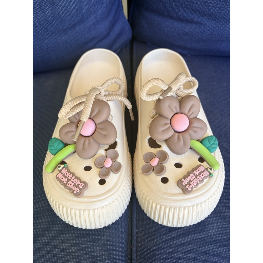 Smile White Chunky Platform Clogs with Flower Charms and Khaki Laces Size 5